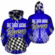 Front and back views of a royal blue hoodie featuring 'Dirt Track Racing Racing' text, black and white checkered hood lining and front pocket, and white tire-track graphics on a white background.