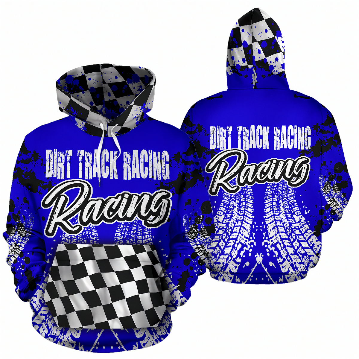 Front and back views of a royal blue hoodie featuring 'Dirt Track Racing Racing' text, black and white checkered hood lining and front pocket, and white tire-track graphics on a white background.