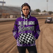 a woman wearing a Dirt Track Racing All Over Print purple Hoodie at a dirt race track