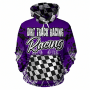 A purple pullover hoodie with a black and white checkered pattern on the hood, front pocket, and sleeves, featuring 'DIRT TRACK RACING' and 'Racing' printed in white and black across the chest.