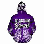 A purple pullover hoodie shown from the back, featuring a 'Dirt Track Racing' graphic with tire tracks and a black-and-white checkered hood.