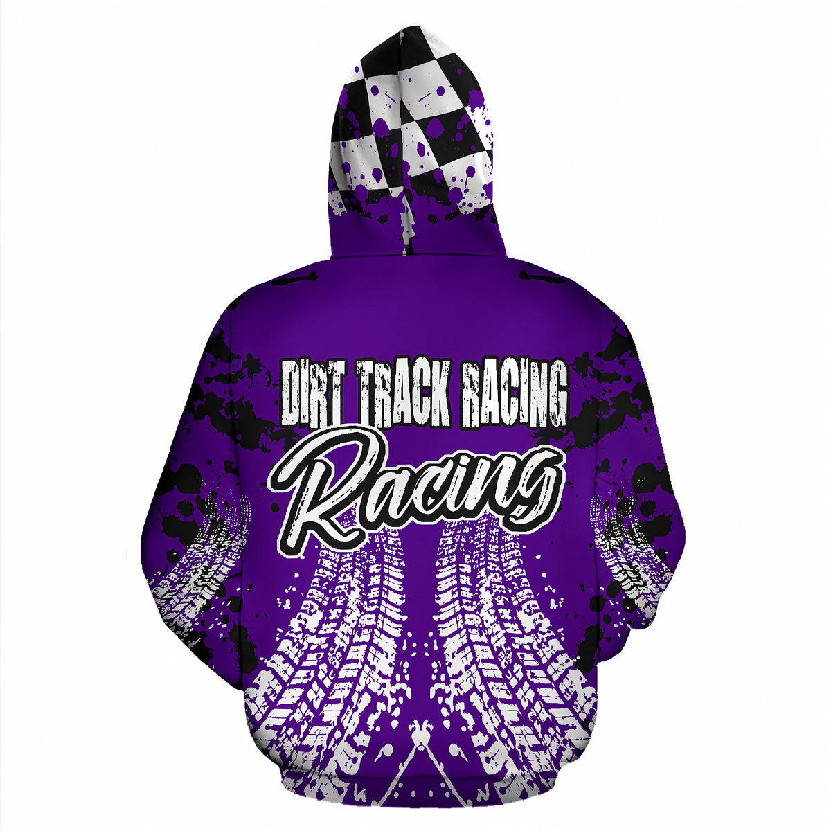 A purple pullover hoodie shown from the back, featuring a 'Dirt Track Racing' graphic with tire tracks and a black-and-white checkered hood.