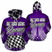 A purple hoodie shown from the front and back, featuring a black and white checkered hood lining and a matching checkered graphic on the front pocket. The front and back are decorated with 'DIRT TRACK RACING Racing' text in white and black, along with tire tread patterns and paint splatters.