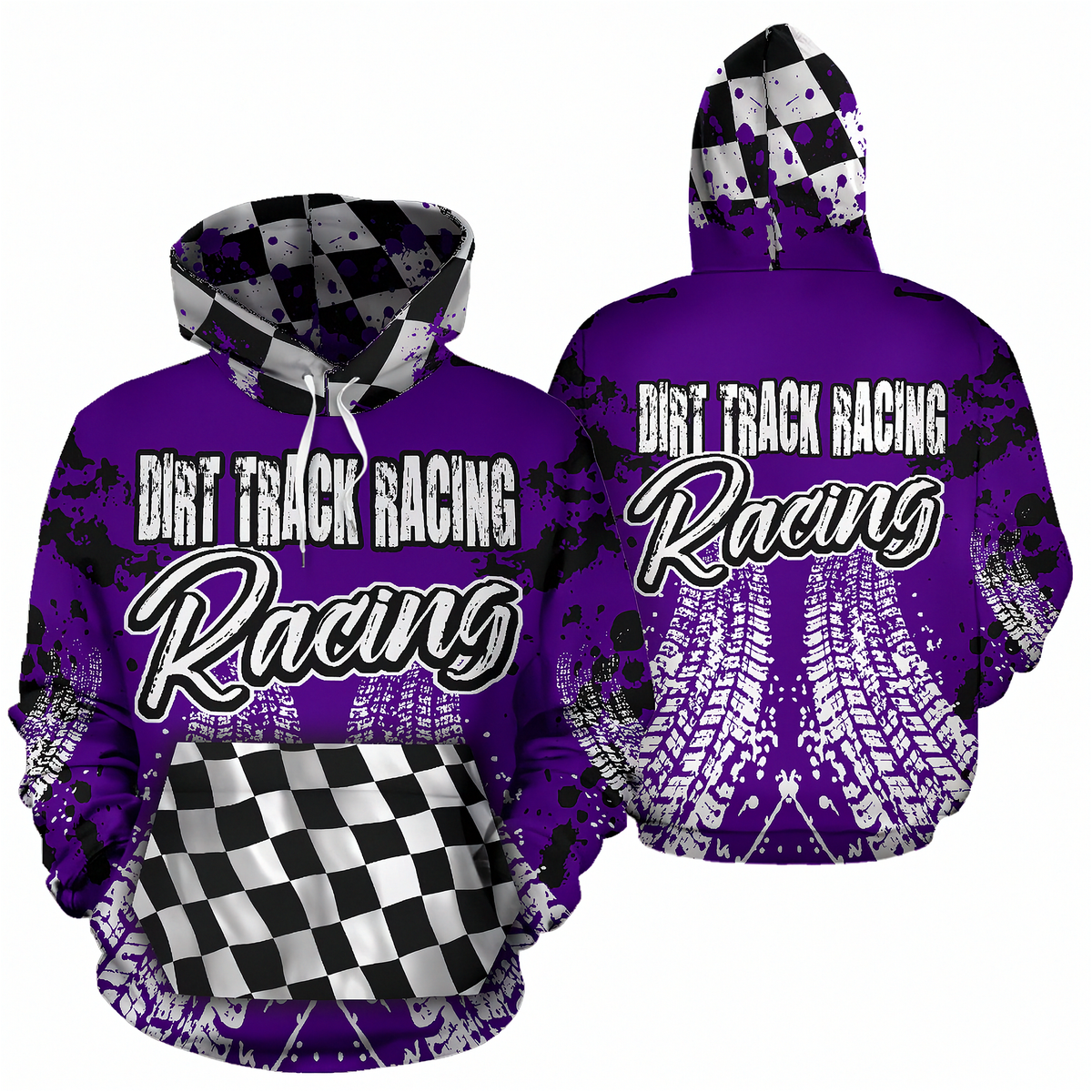 A purple hoodie shown from the front and back, featuring a black and white checkered hood lining and a matching checkered graphic on the front pocket. The front and back are decorated with 'DIRT TRACK RACING Racing' text in white and black, along with tire tread patterns and paint splatters.
