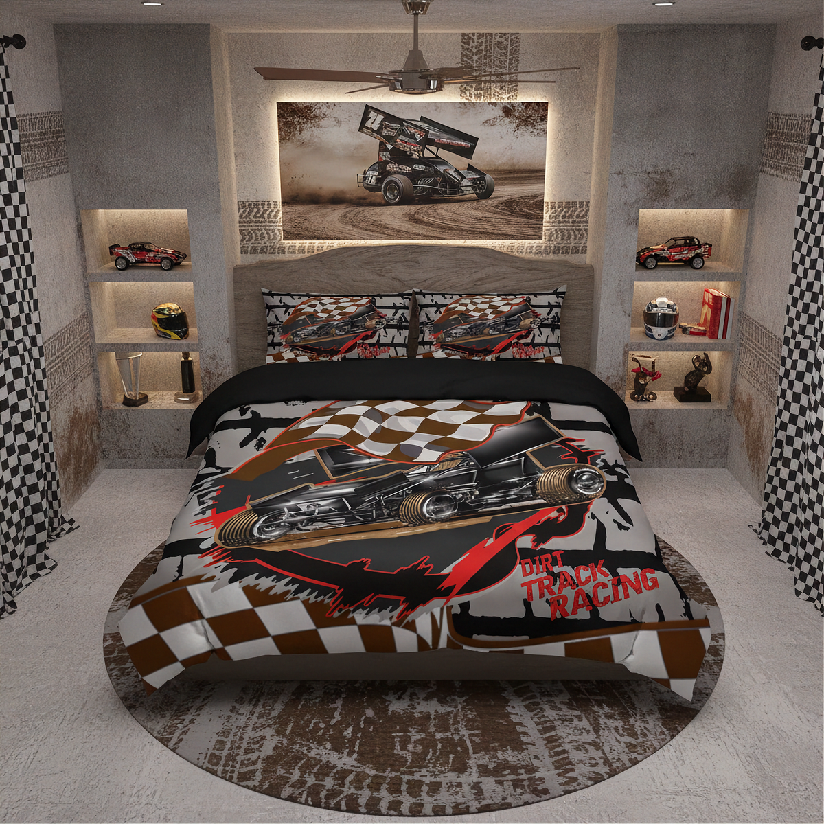 A racing-themed bedding set displayed on a bed in a modern, industrial-style bedroom. The set includes a duvet cover and two matching pillowcases featuring a graphic of a black hot track racing car on a white background with brown and black checkered patterns, red accents, and the text 'DIRT TRACK RACING'.