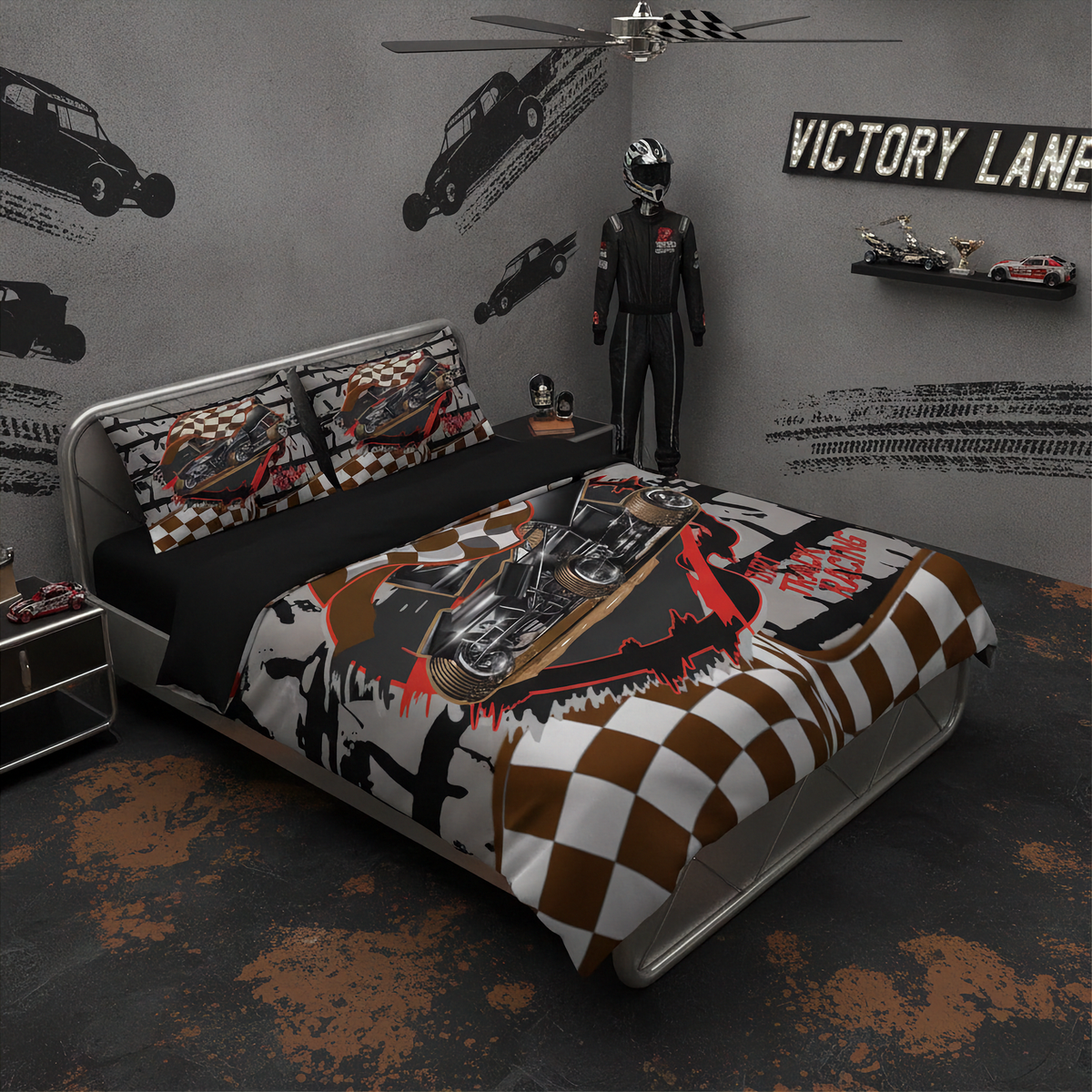 A racing-themed bedding set styled on a bed in a dark, modern room. The set features a duvet cover and matching pillowcases with a graphic print of a race car, checkered patterns, and red and black accents.