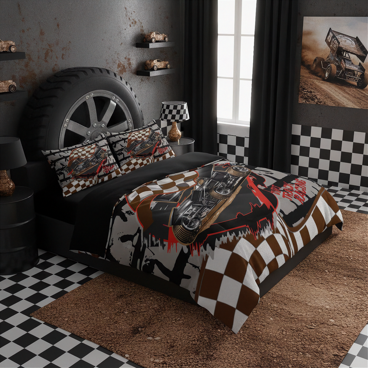 A racing-themed bedding set featuring a duvet cover and two matching pillowcases with a brown, black, and white checkered pattern, a motorcycle graphic, and red paint drips, styled in a dark, industrial-themed bedroom.