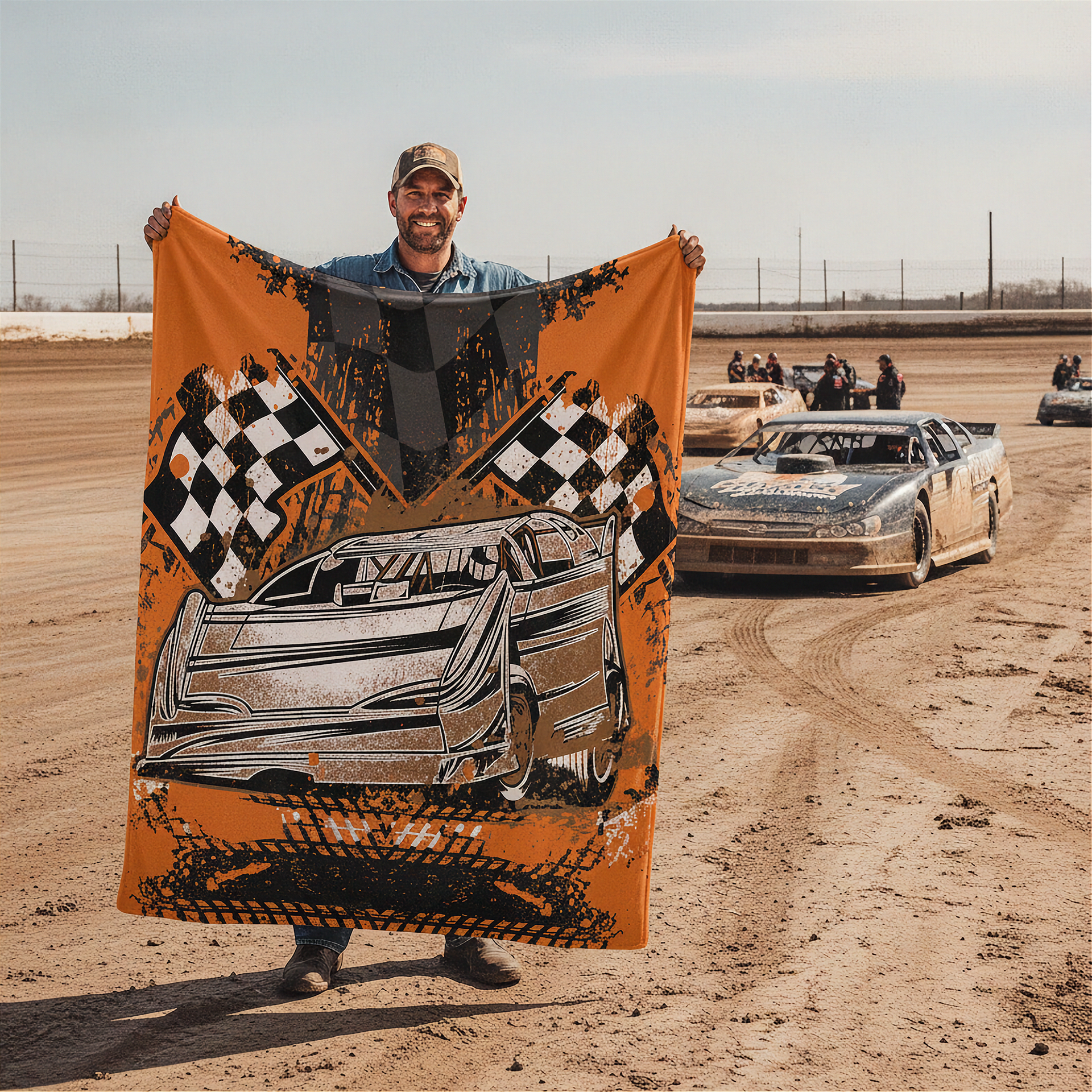 Man holding a racing-themed blanket on a dirt track with cars in the background