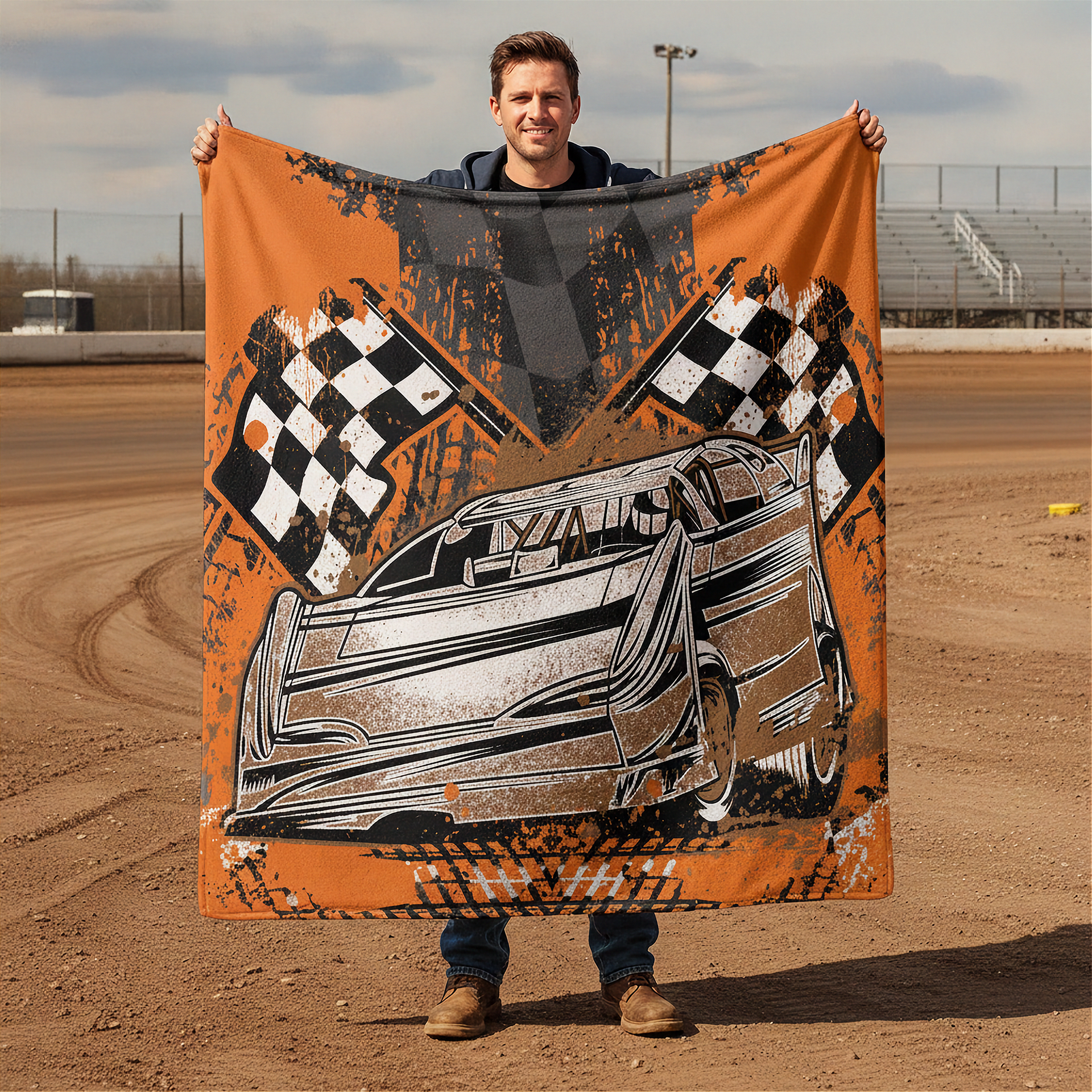 Man holding a blanket with a car and checkered flag design on a dirt track.
