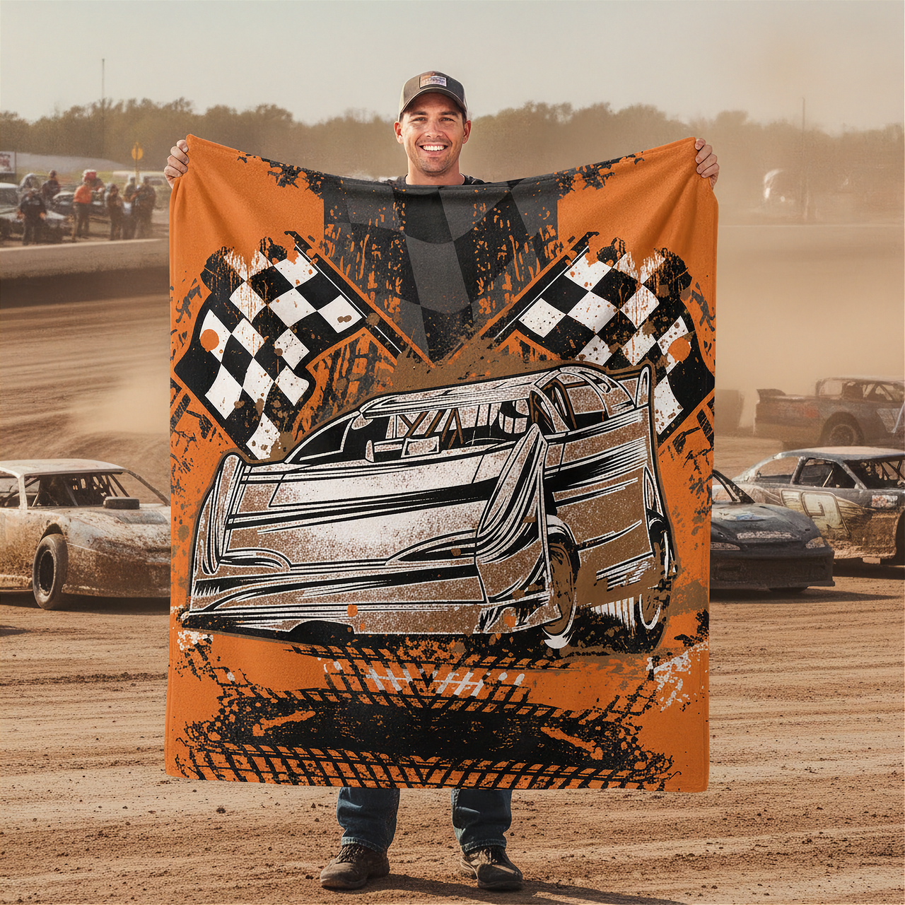 Man holding a blanket with a car and checkered flag design at a race track.