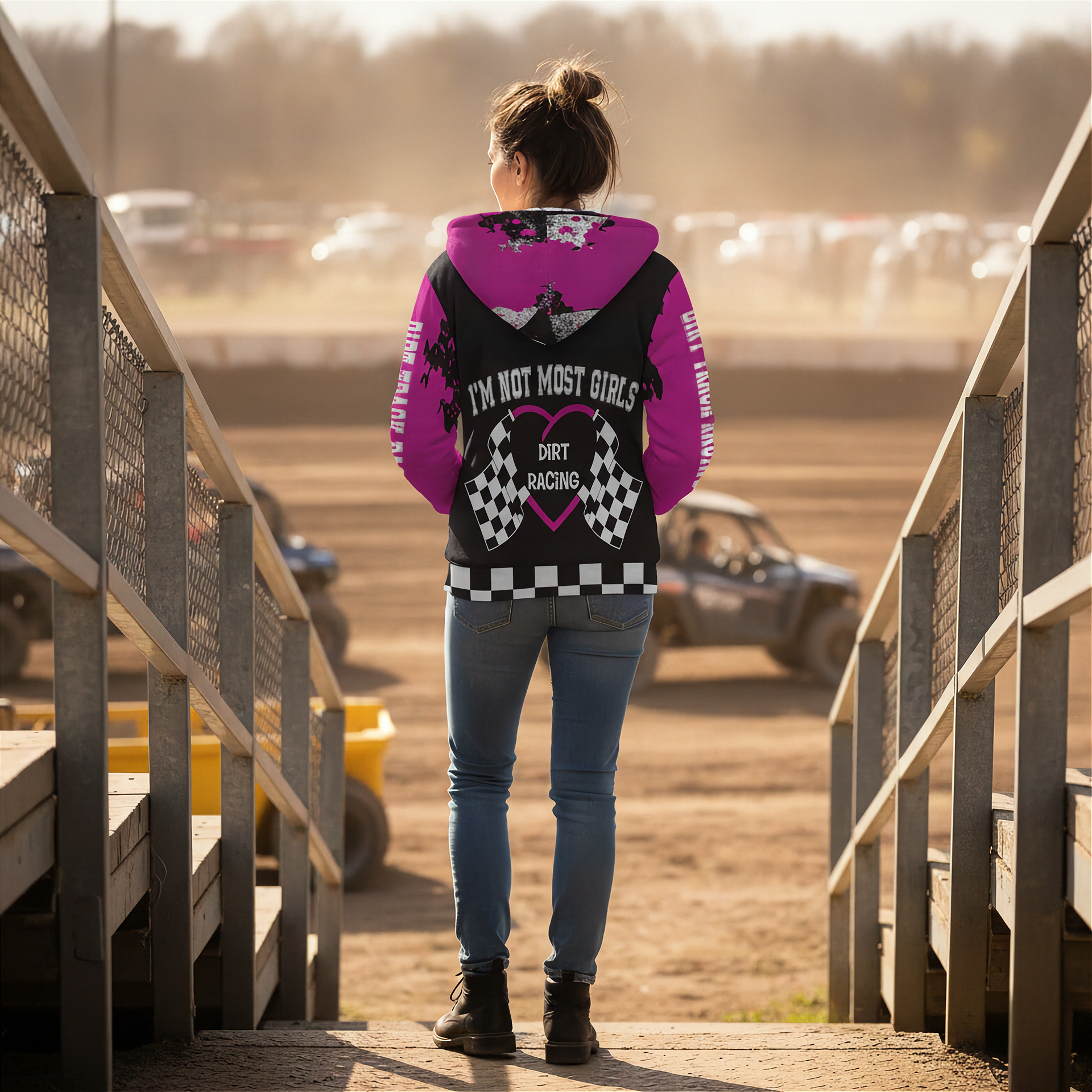 Woman wearing a pink sherpa hoodie with text and graphics, standing on a track.