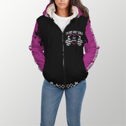 Woman wearing a pink sherpa hoodie with 'I'm Not Most Girls Dirt Racing' text on a white background