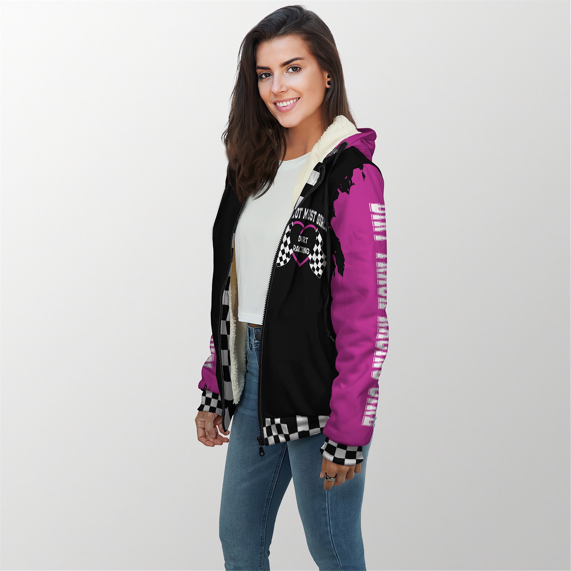 Woman wearing a colorful jacket with a white background