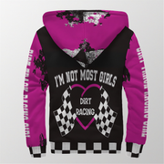 Pink and black hoodie with 'I'm Not Most Girls' dirt racing design on a gray background