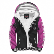 pink sherpa hoodie with 'I'm Not Most Girls Dirt Racing' text on a white background