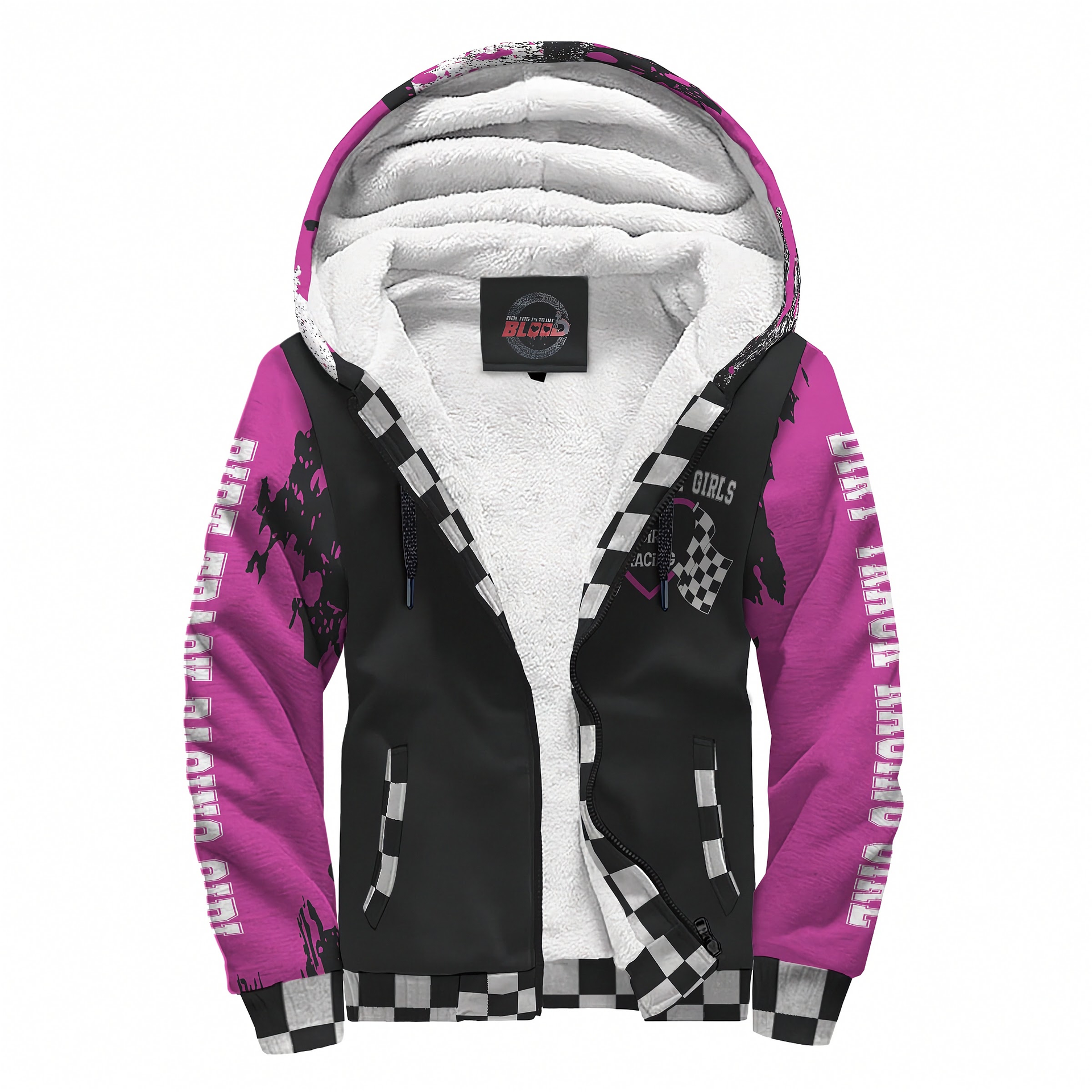 pink sherpa hoodie with 'I'm Not Most Girls Dirt Racing' text on a white background