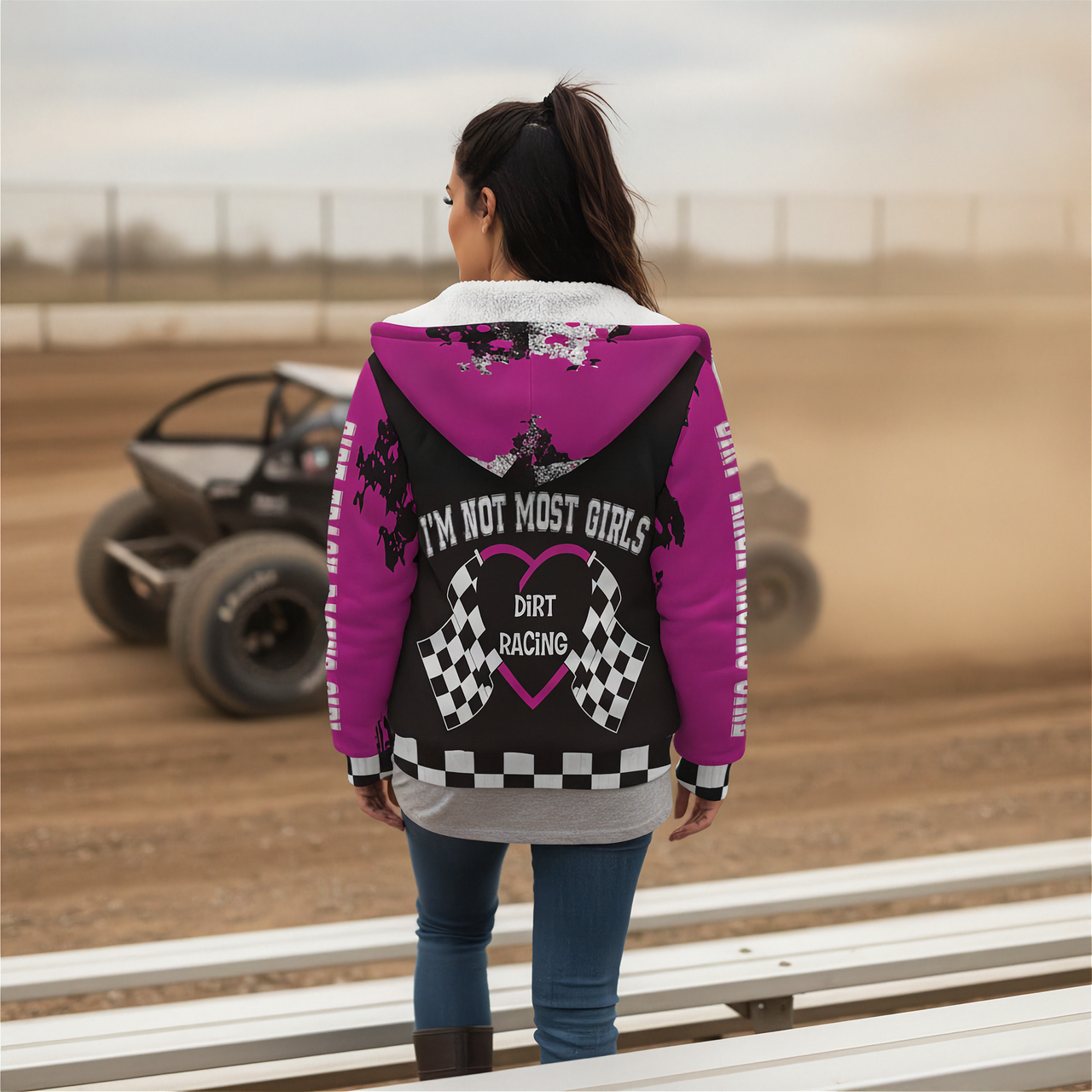 Woman wearing a pink sherpa hoodie with 'I'm Not Most Girls Dirt Racing' text at a race track.
