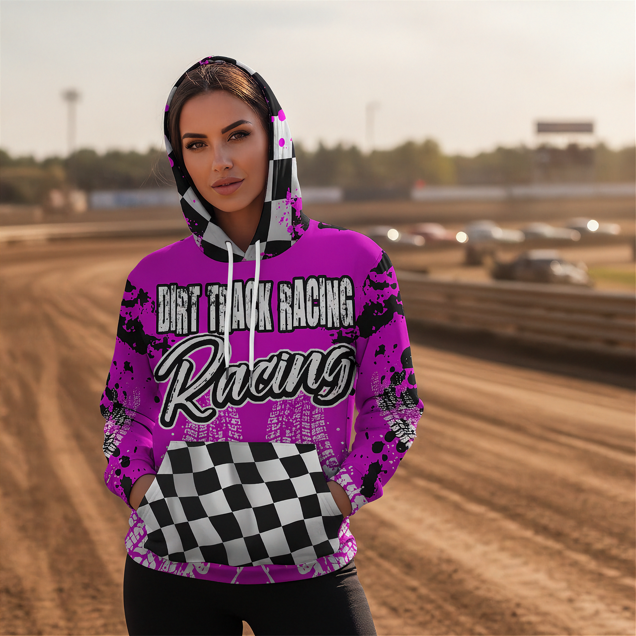 Woman wearing a pink 'Dirt Track Racing' hoodie on a race track background