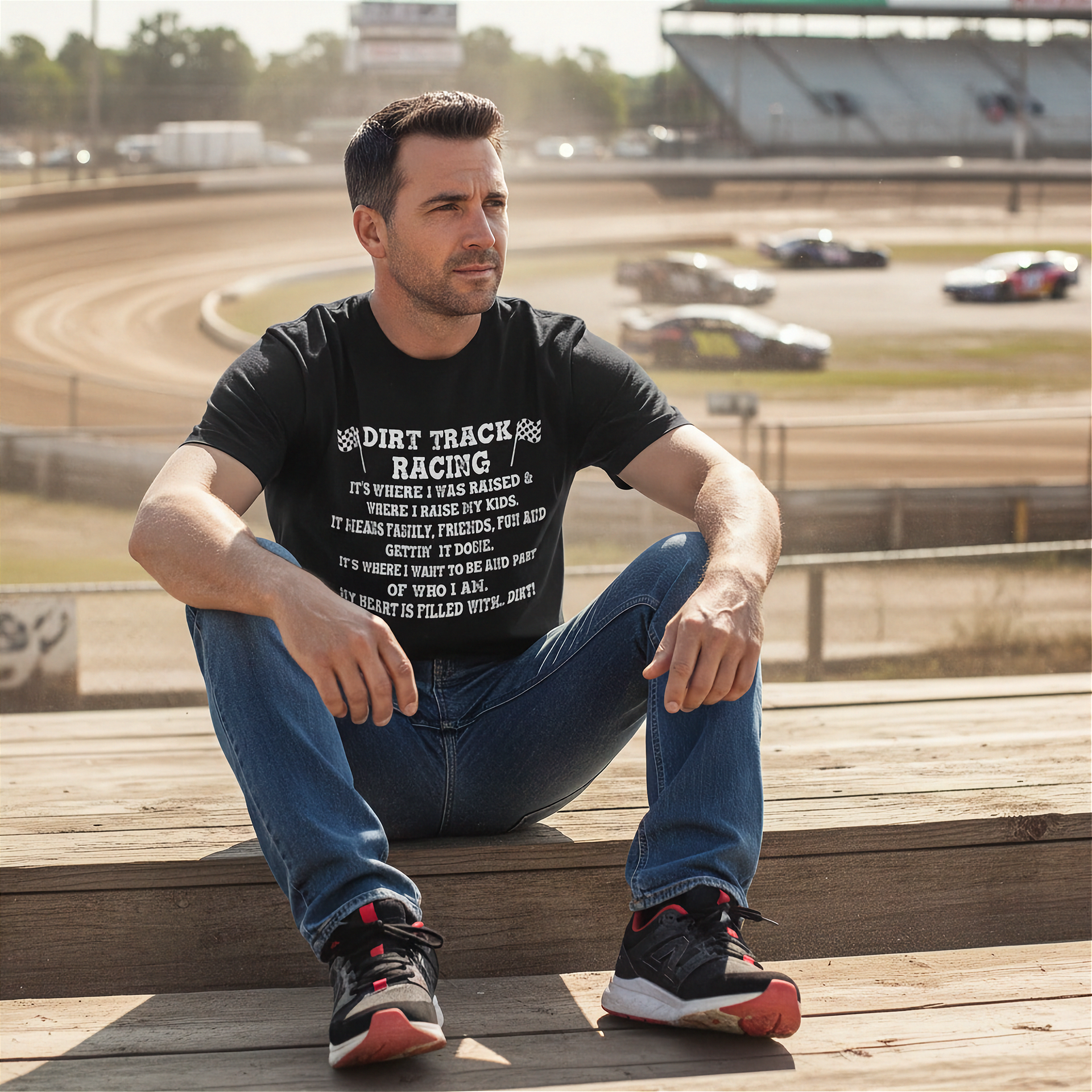 Man in a dirt track wearing a shirt with design Dirt Track Racing It's Where I Was Raised