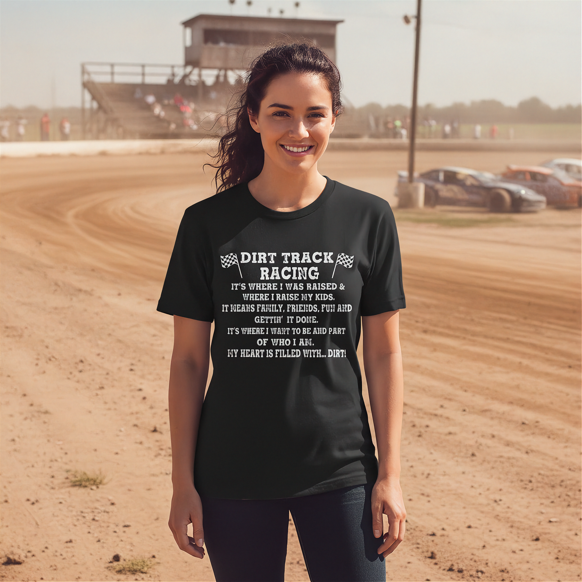 Woman in a dirt track wearing a shirt with design Dirt Track Racing It's Where I Was Raised