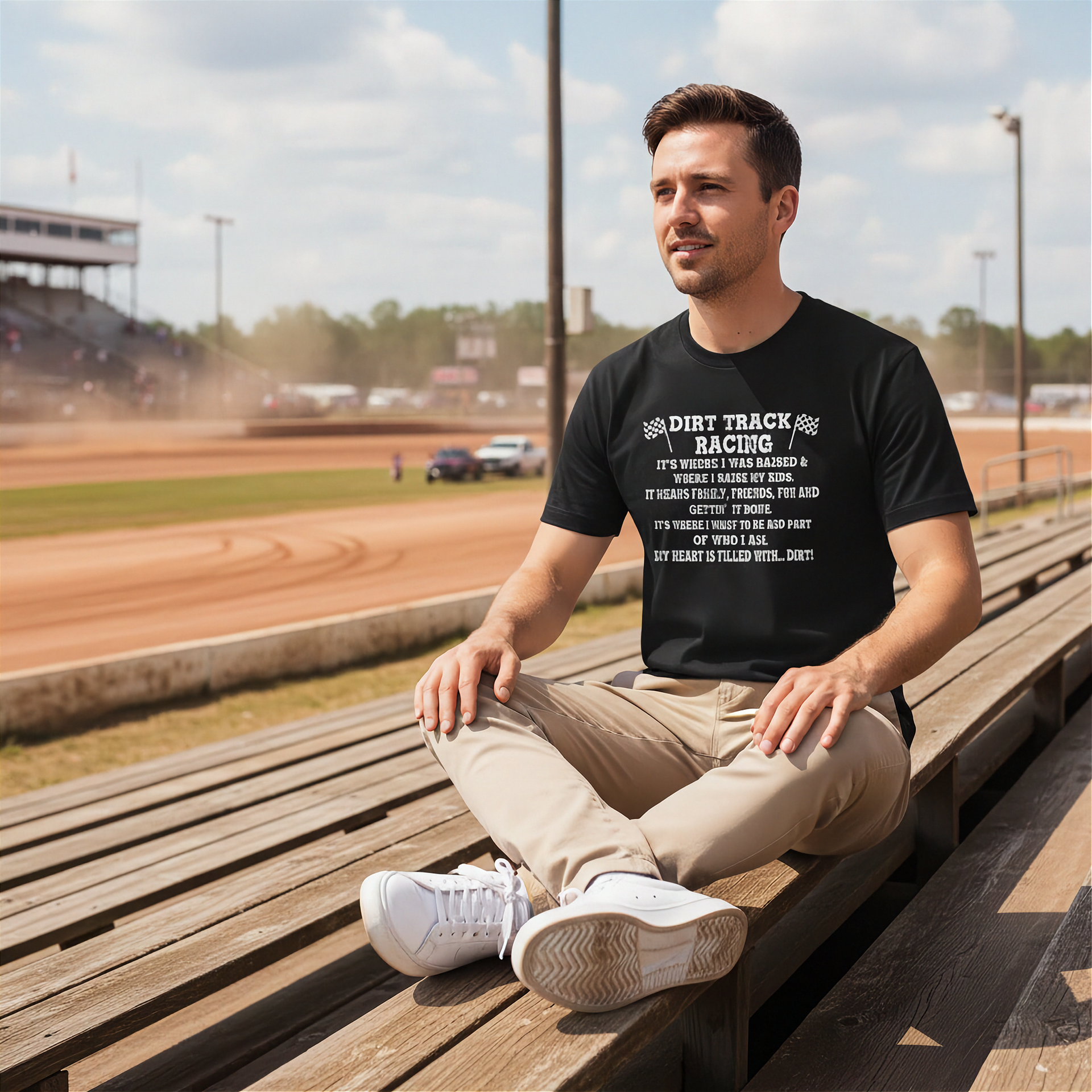 Man sitting in a dirt track wearing a shirt with design Dirt Track Racing It's Where I Was Raised
