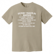 Gray t-shirt with white text and racing flags on a white background