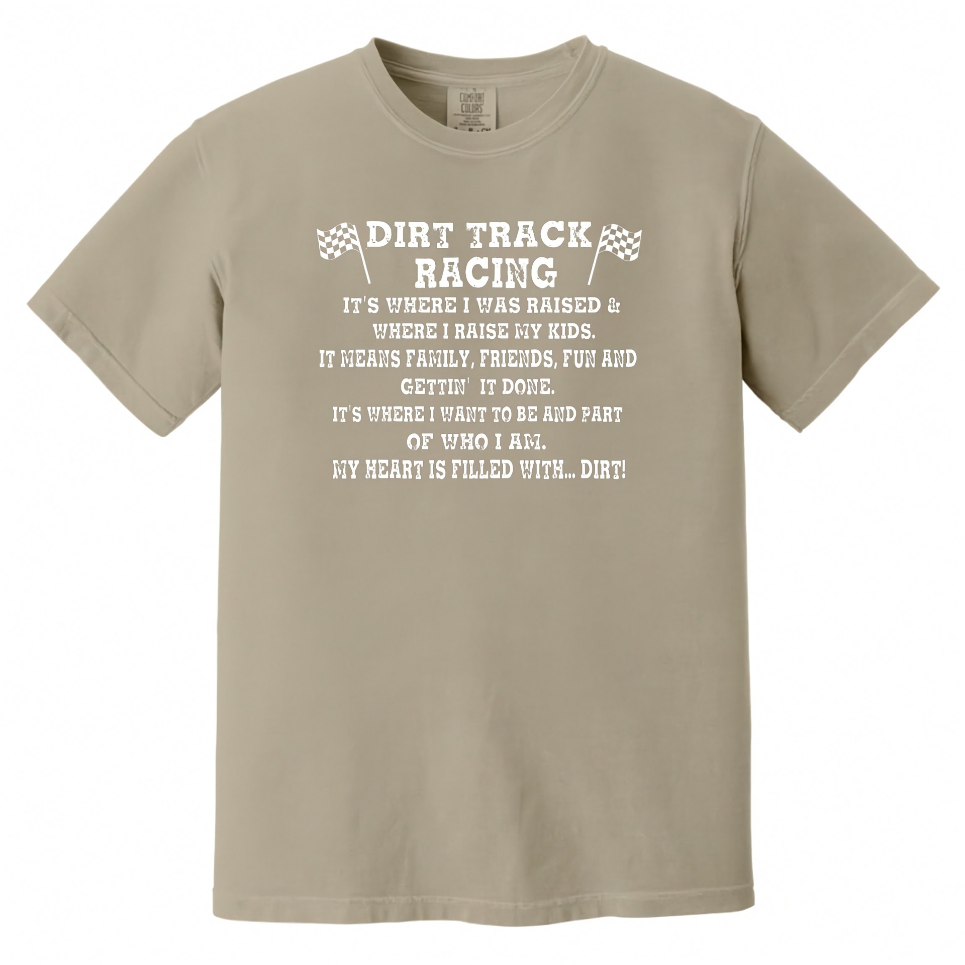 Gray t-shirt with white text and racing flags on a white background