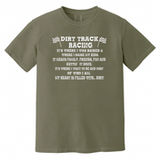 Olive t-shirt with a logo and text on a white background