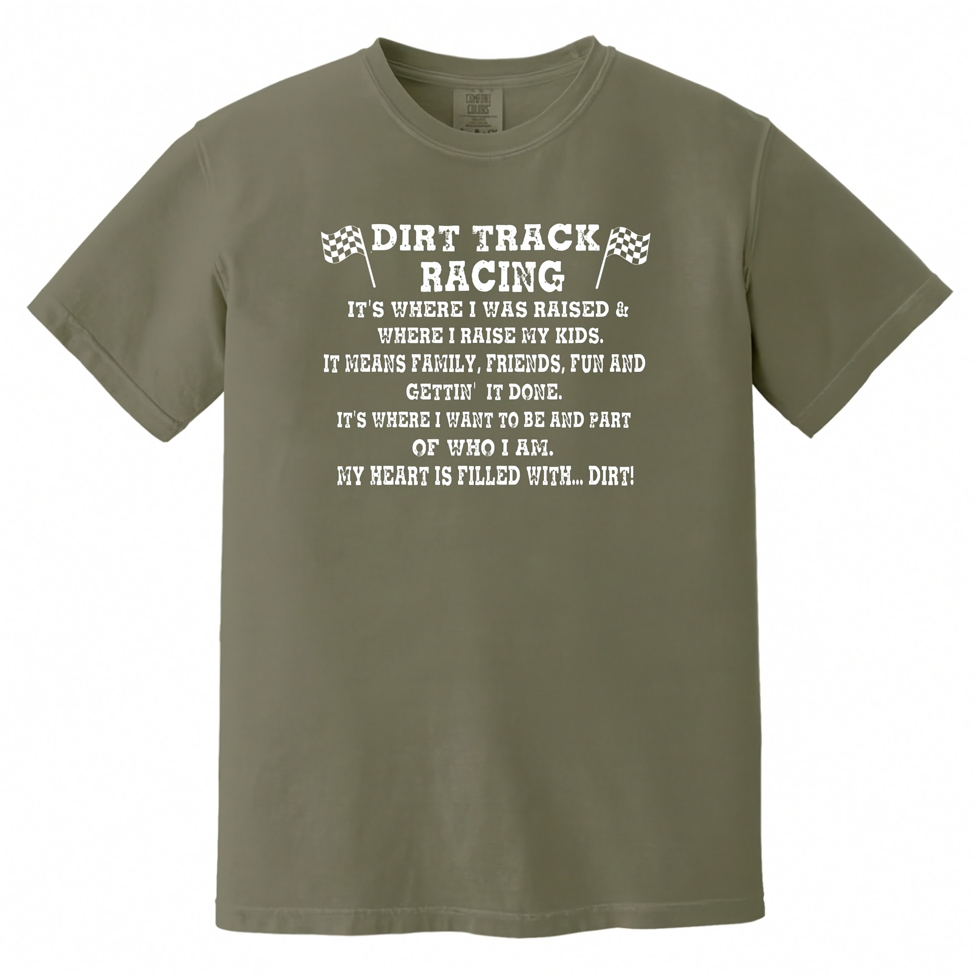 Olive t-shirt with a logo and text on a white background