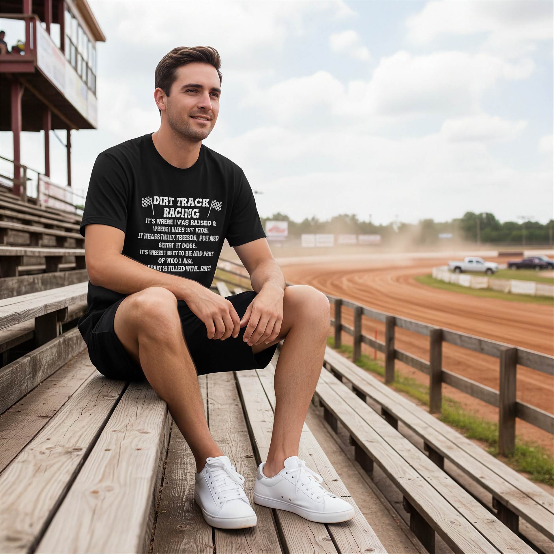 Man wearing a shirt with design Dirt Track Racing It's Where I Was Raised