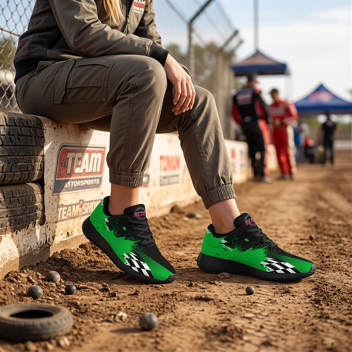 A person sitting on tires at a racetrack wearing bright green and black checkered racing sneakers, with dirt ground, race tents, and other racers in the background.