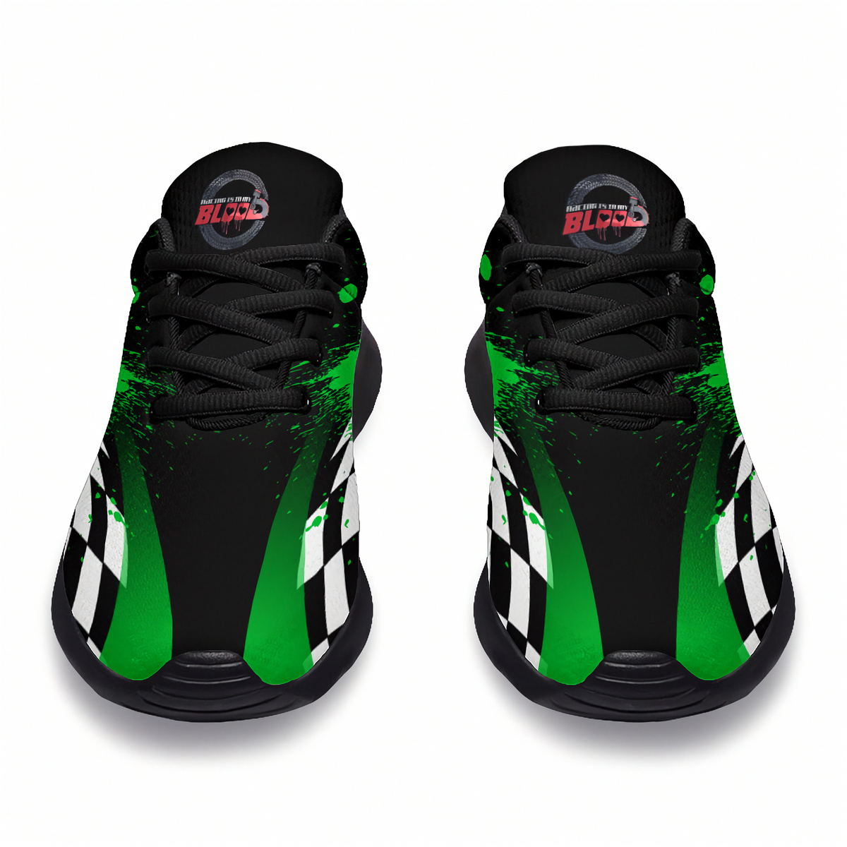 A pair of black athletic sneakers with vibrant green paint splatter details, white and black checkered side panels, and a circular red and black 'BLOOD' logo on the tongue.