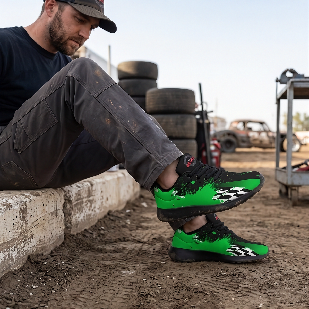 A man sitting outdoors on a concrete barrier wearing bright green and black sneakers with a checkered toe cap detail, in a dirt lot with tires and a truck in the background.