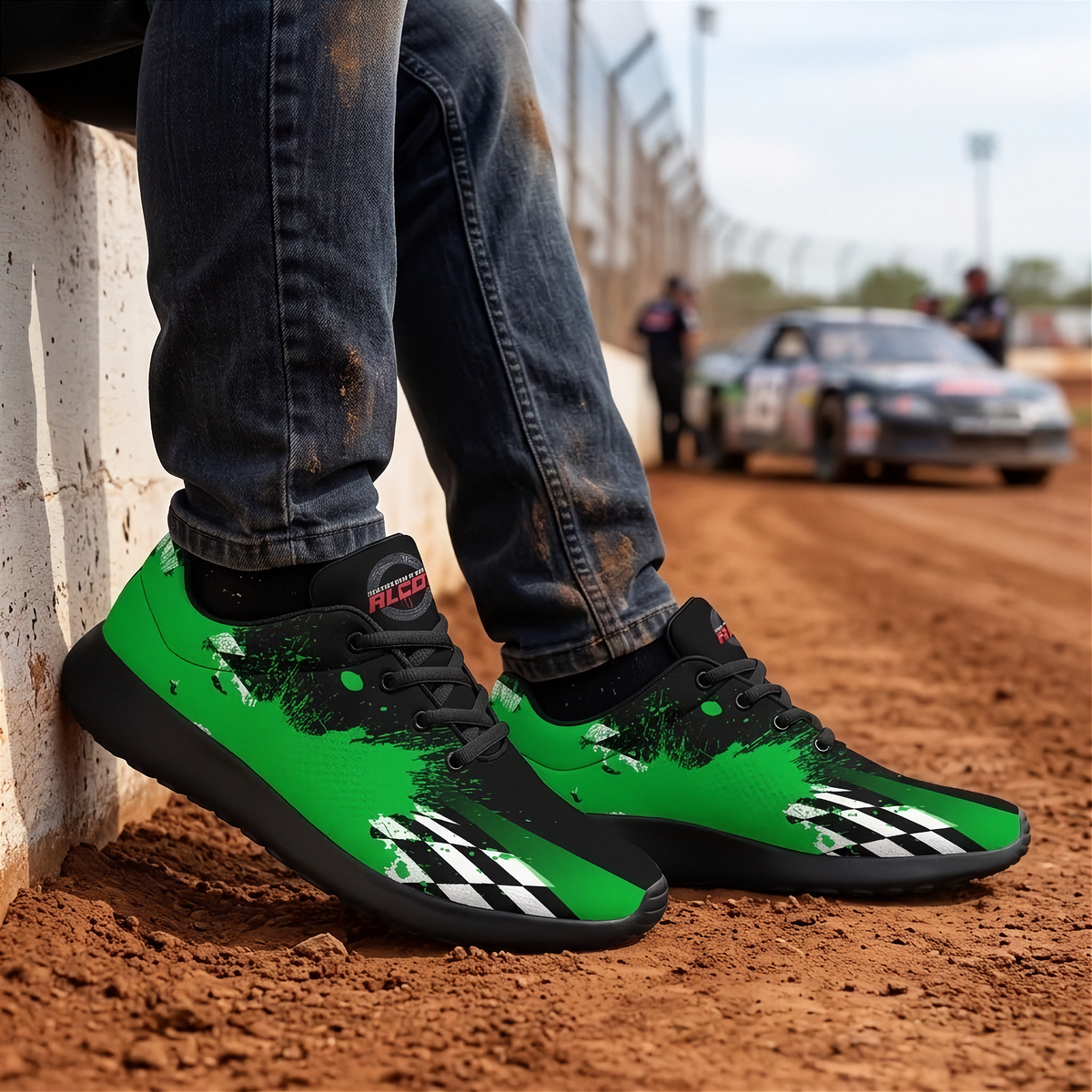 A person wearing bright green and black racing-inspired sneakers with a checkered toe graphic, sitting on a dirt track next to a wall with blurred race cars in the background.