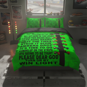 A bright green bedding set with a black road-themed graphic and text, displayed on a bed in a styled bedroom setting.