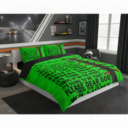 A racing-themed bedding set with a bright green and black duvet cover and matching pillowcases, styled on a bed in a modern gray bedroom with racing decor.