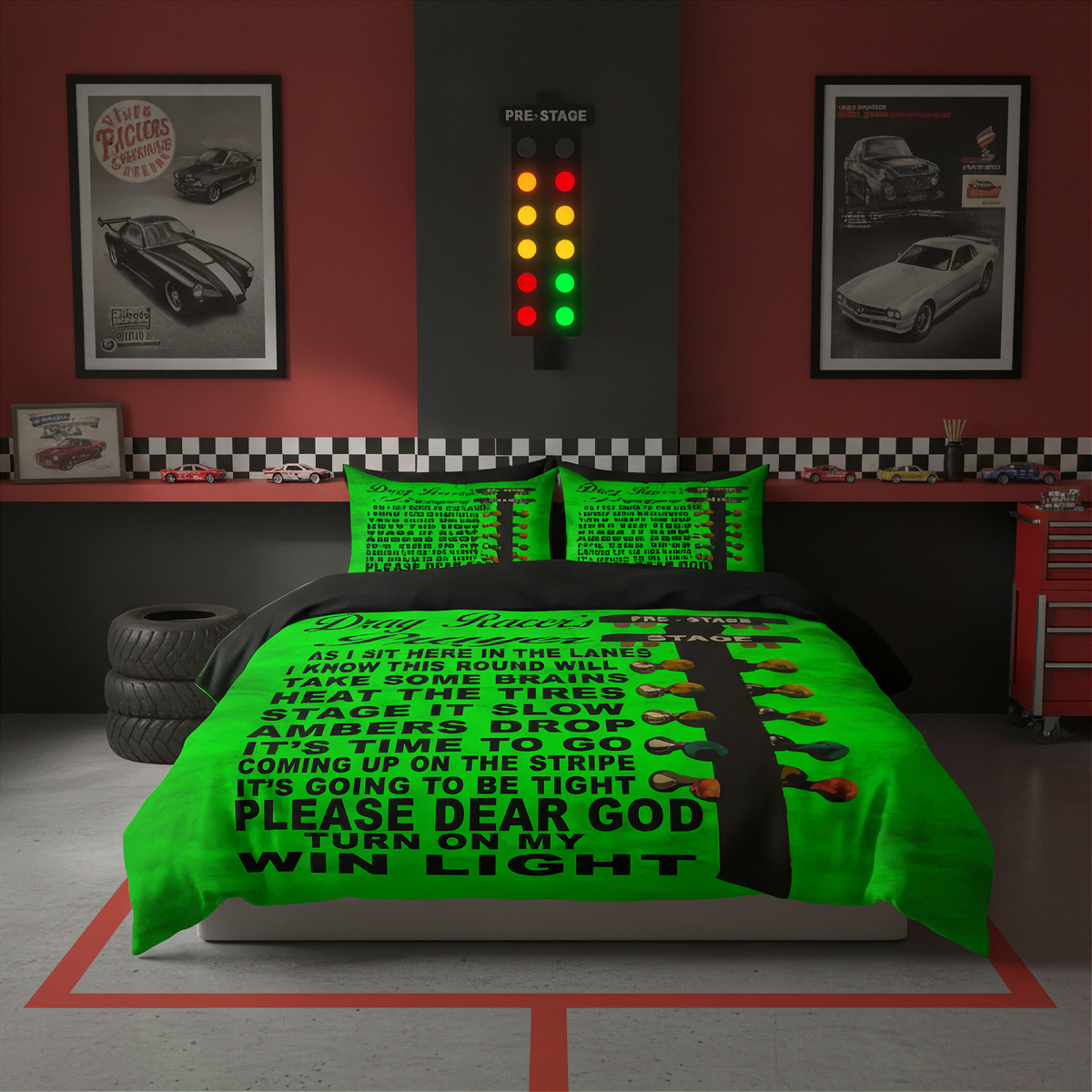 A racing-themed bedding set featuring a bright green duvet cover and matching pillowcases with black text and red checkered stripes, styled in a dark gray and red bedroom setting with car posters and a race light.
