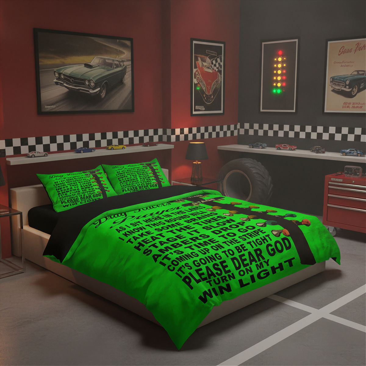 A bed dressed in a bright neon green and black racing-themed bedding set, shown in a styled bedroom with race car posters, a checkered wall, and a red tool chest.