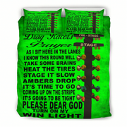 A bright green duvet cover and matching pillowcases featuring a black guitar graphic with colorful guitarheadstock details and the text 'Drag Racers Prayer' and a motivational quote in black lettering.