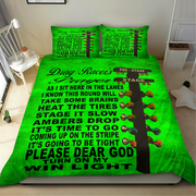 A bright green bedding set with a large black text graphic and a vertical striped pole design featuring multicolored tie-dye patterns, shown on a bed in a bedroom setting.
