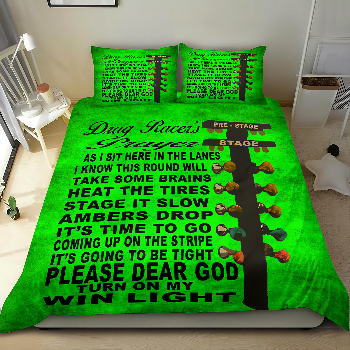 A bright green bedding set with a large black text graphic and a vertical striped pole design featuring multicolored tie-dye patterns, shown on a bed in a bedroom setting.