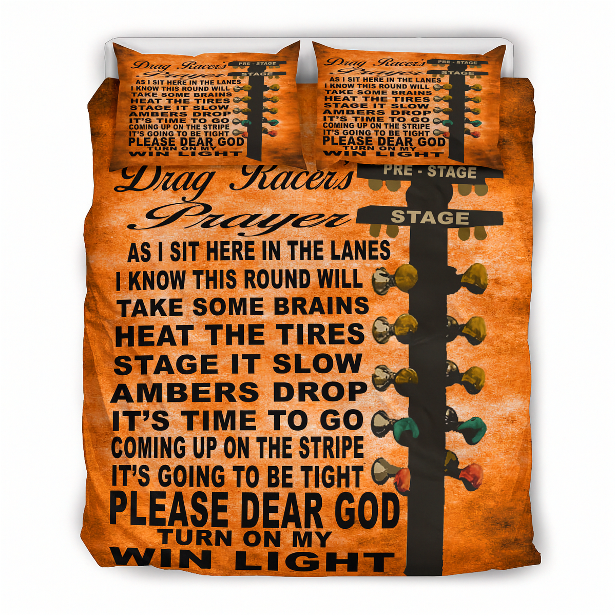 An orange bedding set featuring a duvet cover and two matching pillowcases with a printed Drag Racers Prayer design. The design includes black text and a black-and-orange guitar headstock graphic with colored tuning keys.