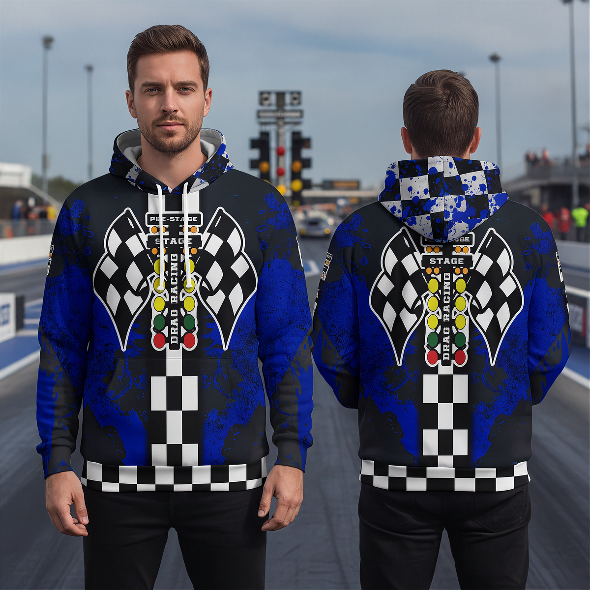 A man wearing hooded sweatshirt shown from the front, featuring a drag racing-themed graphic with black and white checkered flags, a vertical checkered stripe, and a multi-colored race light sequence on a blue and black distressed background.