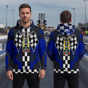 A man wearing hooded sweatshirt shown from the front, featuring a drag racing-themed graphic with black and white checkered flags, a vertical checkered stripe, and a multi-colored race light sequence on a blue and black distressed background.