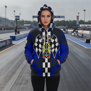 A woman wearing hooded sweatshirt shown from the front, featuring a drag racing-themed graphic with black and white checkered flags, a vertical checkered stripe, and a multi-colored race light sequence on a blue and black distressed background.