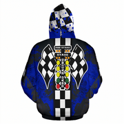 A hooded sweatshirt shown from the back, featuring a racing-themed graphic with black and white checkered flags, a vertical checkered stripe, and a multi-colored race light sequence on a blue and black distressed background.