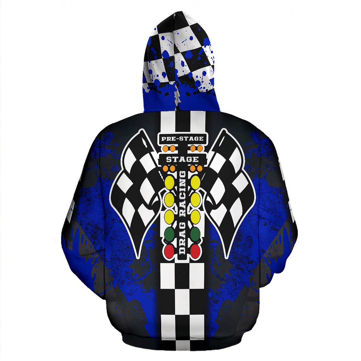 A hooded sweatshirt shown from the back, featuring a racing-themed graphic with black and white checkered flags, a vertical checkered stripe, and a multi-colored race light sequence on a blue and black distressed background.