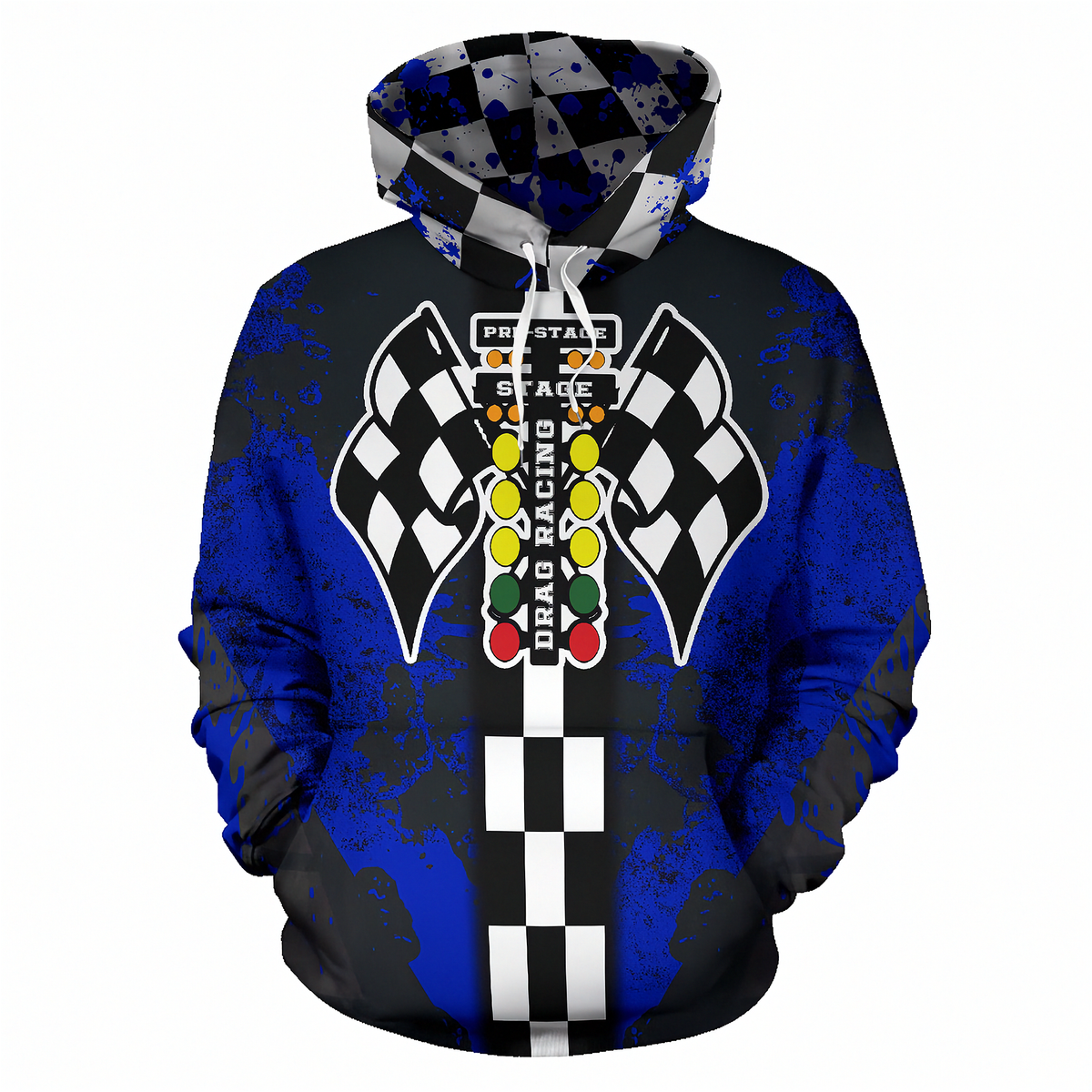 A pullover hoodie with a racing theme, featuring a black and white checkered pattern on the hood, sleeves, and center front, combined with vibrant blue distressed paint splatters. The center graphic includes a vertical checkered stripe, the words 'PRESTIGE RACING', and a colorful vertical light bar graphic.