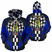 Front and back views of a pullover hoodie featuring a racing theme with 'Pico-Stage 1 Drag Racing' text, checkered flags, and a vertical checkered stripe on a black and blue distressed background.