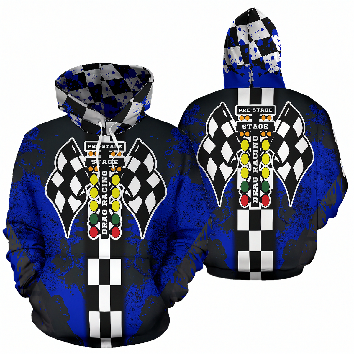 Front and back views of a pullover hoodie featuring a racing theme with 'Pico-Stage 1 Drag Racing' text, checkered flags, and a vertical checkered stripe on a black and blue distressed background.